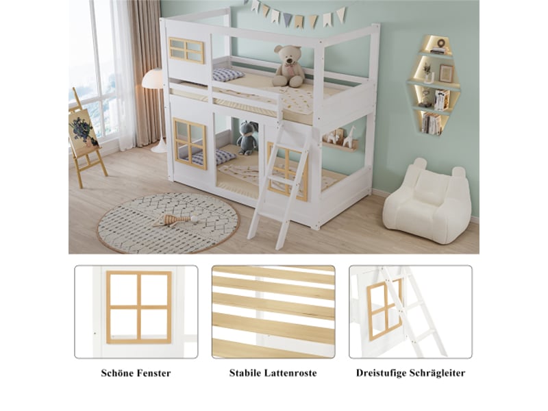 Lit superposé enfant 90×200cm (blanc+naturel) : belles fenêtres, escabeau robuste, clôture 4 côtés, pin+mdf+contreplaqué.  - Conforama E