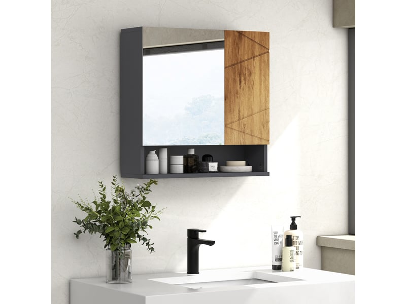  Armoire murale miroir de salle de bain placard de rangement 2 portes 55 x 17 x 55 cm naturel gris foncé  - Conforama C