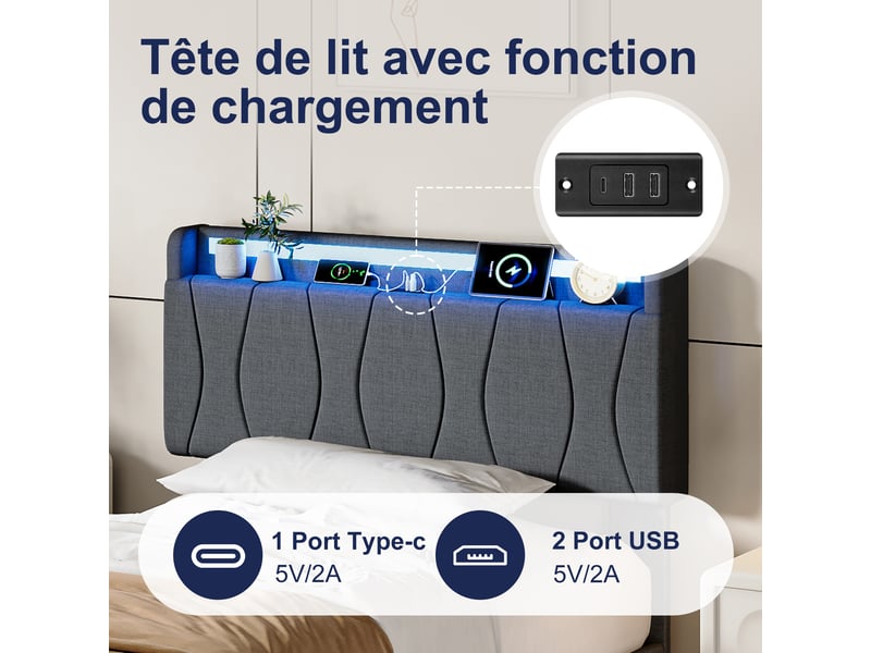 Lit enfant 90x200 cm, lit 1 place avec tête de lit, led, rangement et sommier, port usb et usb-c, lin, gris, sans matelas - Conforama W