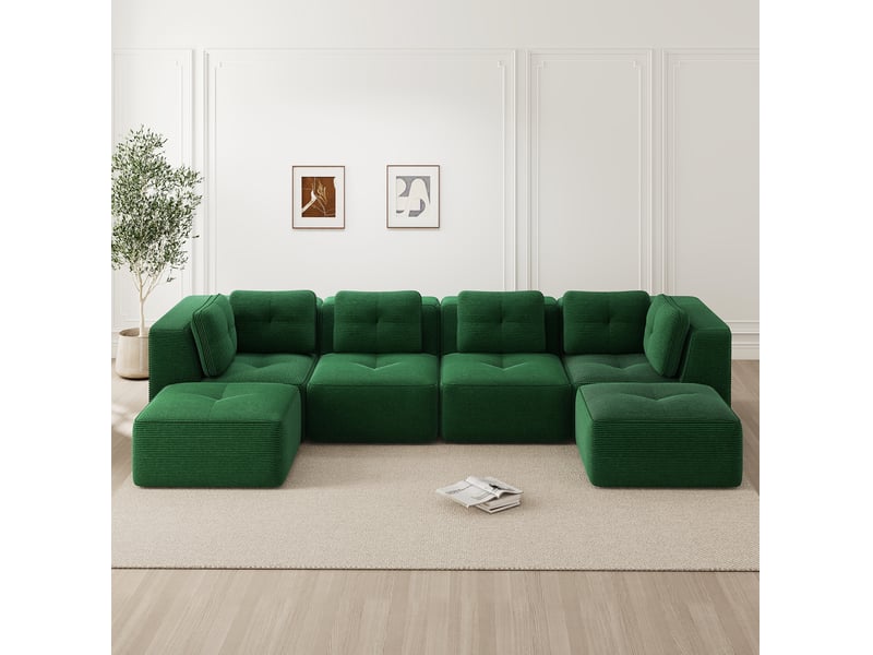 Canapé modulable en u 386x177x69 cm, sans montage, spacieux accoudoir, 2 poufs, en velours côtelé, vert  - Conforama B