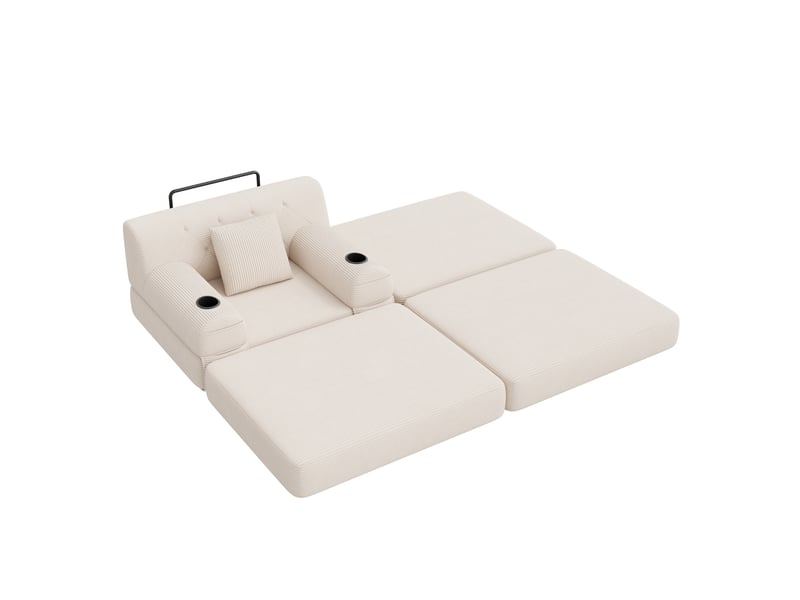  Fauteuil-lit convertible 1 place avec dossier haut, 4 poches et 2 porte-gobelets en velours côtelé beige  - Conforama A