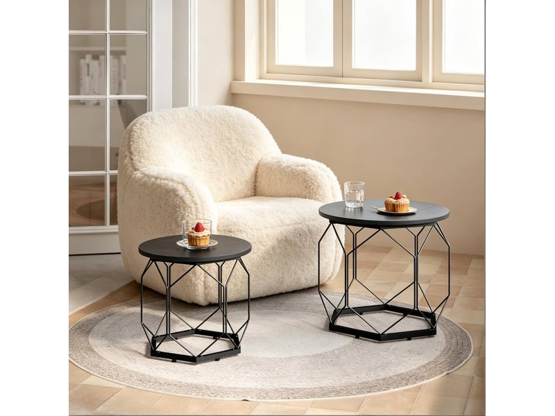  Tables basses gigognes rondes avec plateaux amovibles et rangement ouvert design moderne en bois et métal noir pour salon  - Conforama E