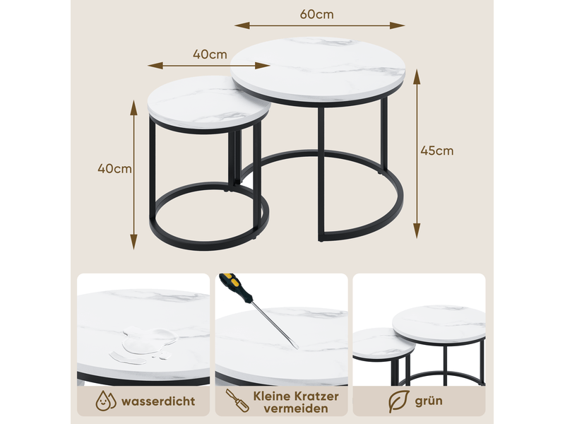  Lot de 2 tables basses gigognes rondes blanches en panneaux de particules et fer  - Conforama D