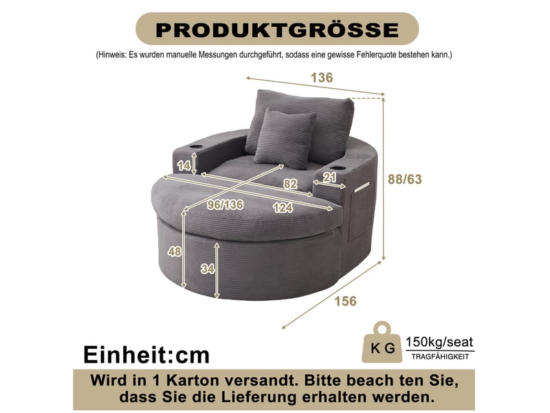  Fauteuil lounge 1 place avec repose-pieds – gris – velours côtelé, rangement latéral et porte-gobelets  - Conforama B
