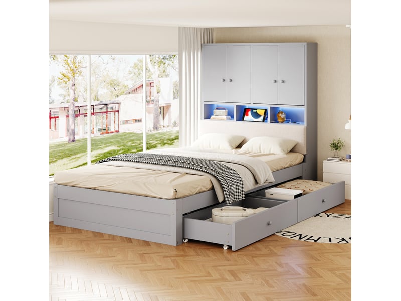  Lit simple 90 × 200 cm avec tête de lit rembourrée, led, prise, rangement et 2 tiroirs, sans matelas, gris  - Conforama B