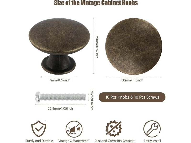  Pack de 10 poignées de porte en bronze antique 35 mm, poignées rondes vintage pour commodes et tiroirs avec 10 vis  - Conforama C