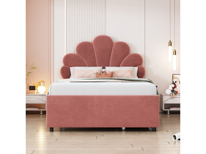 Lit enfant 90x200cm, tête de lit et sommier, lit simple avec 2 tiroirs de rangement, velours rose, sans matelas - Conforama D