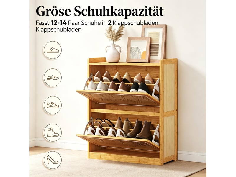  Meuble à chaussures modèle slim, 14 paires, 2 compartiments basculants, étagères réglables 69x29x83 cm  - Conforama E