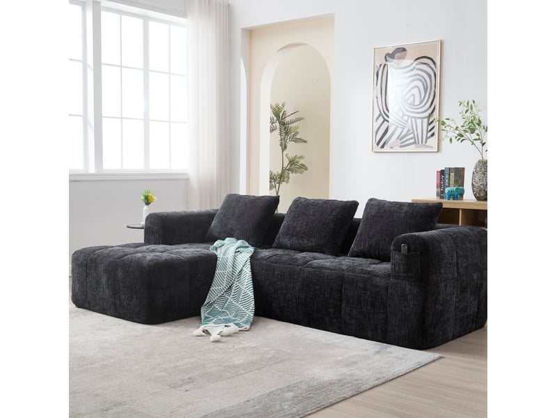 Canapé d'angle 3 places en chenille noir avec chaise longue et 3 coussins  - Conforama C