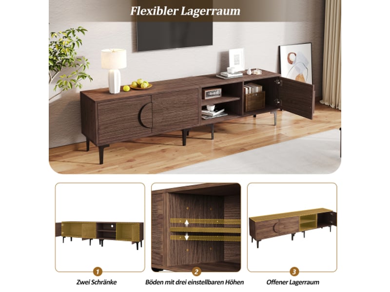  Meuble tv 180 x 35 x 49 cm effet noyer foncé, 3 portes et 2 niches ouvertes, jusqu’à 80 pouces  - Conforama E
