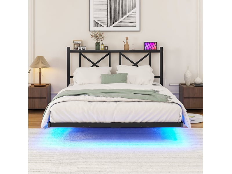 Lit simple 120x200 cm en métal noir avec led et station de charge - Conforama D