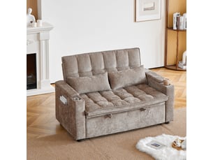 Canapé-lit convertible 3 en 1 142 cm avec assise et dossier ultra moelleux, 2 coussins lombaires, tablette de rangement et porte-gobelets, canapé multifonction pour salon