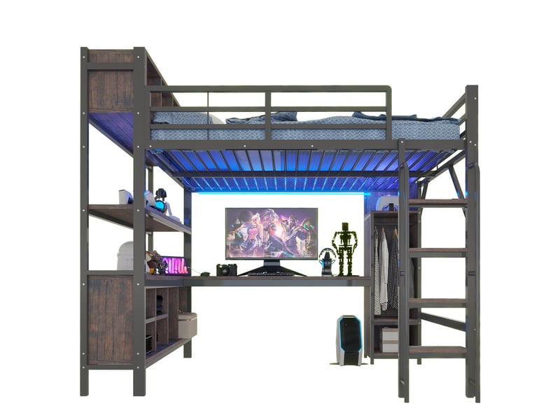 Lit mezzanine 140 x 200cm avec bureau, armoire, étagères, éclairage led, prises eu, barrière sécurité haute, noir - Conforama A