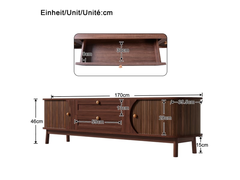  Meuble télévision 170 x 39,5x 46 cm bas rangement portes à lames tiroirs poignées arrondies pieds bois mdf noyer  - Conforama C