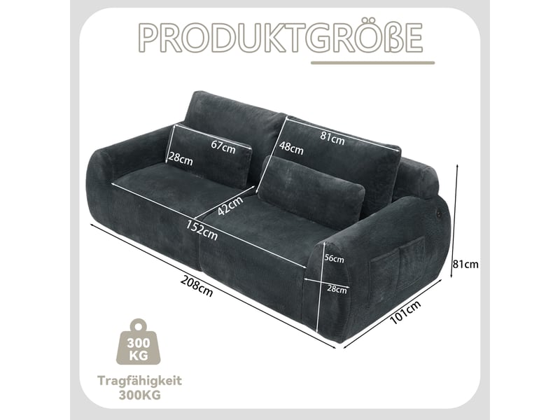  Canapé 2 places avec ports usb et poche latérale, mousse gris  - Conforama E