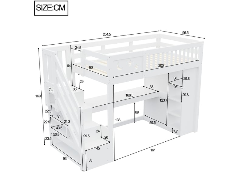  Lit mezzanine 90x200 cm avec bureau, éclairage led et rangement en bois et mdf couleur blanc, sans matelas  - Conforama C