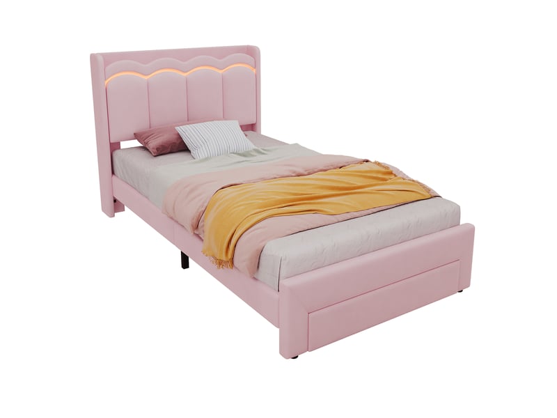 Lit enfant avec rangement 90 x 200 cm, velours rose avec led - Conforama D