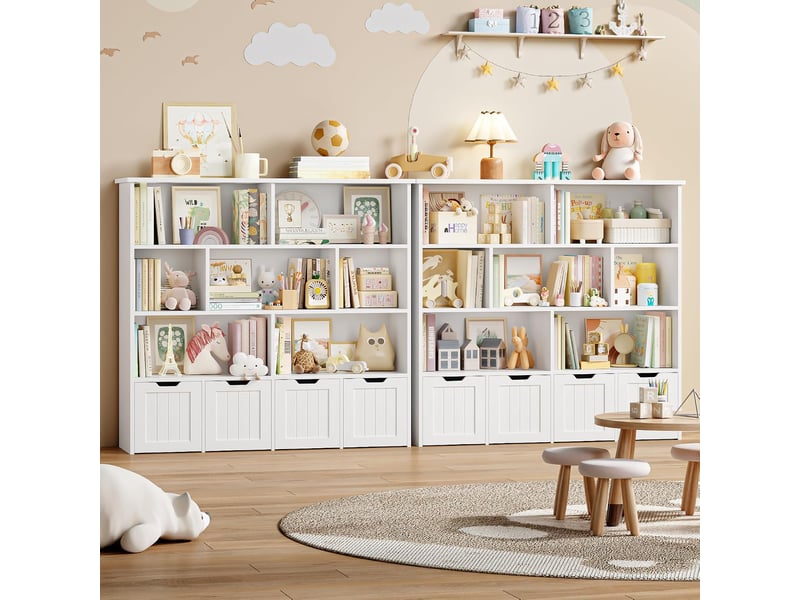 Meuble de rangement enfant bibliothèque enfant avec 8 étagères 4 tiroirs roulants rangement jouet 125.5x33x118cm blanc - Conforama D