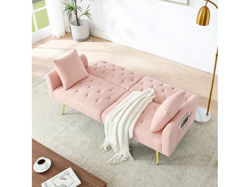  Canapé convertible 2 places avec dossier réglable 3 positions, 2 coussins et pieds en métal doré, en teddy rose  - Conforama C