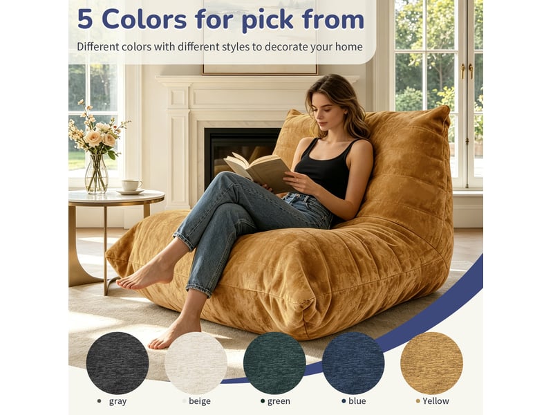  Fauteuil pouf en chenille 90x100x80 cm - jaune - dossier haut ergonomique et mousse souple  - Conforama E