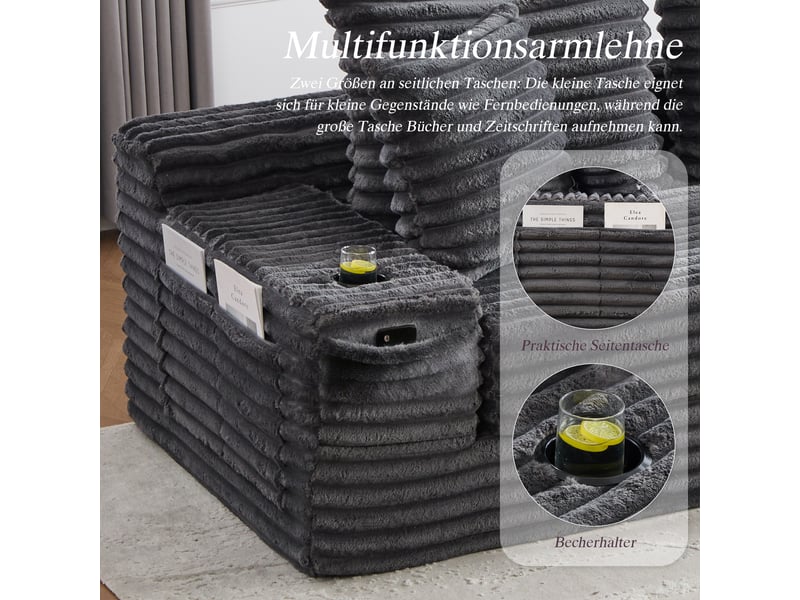 Canapé convertible 4 places en velours côtelé gris foncé, 273 x 98 x 87 cm, porte-gobelets, poches latérales, livré compressé, agencement modulable CARDUME ESTIVAL - Conforama E