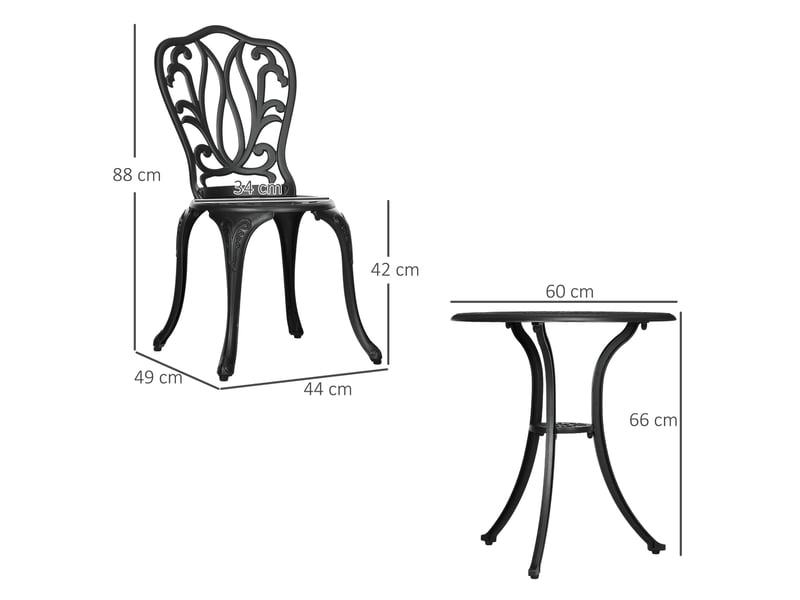  Ensemble salon de jardin 2 places 2 chaises + table ronde style charme rétro en fonte d'aluminium, noir  - Conforama E