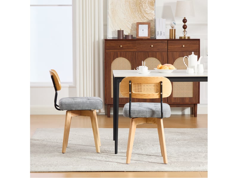  Lot de 2 chaises pivotantes 360° 43x50x77 cm – gris – dossier en rotin tressé, assise rembourrée en chenille  - Conforama B