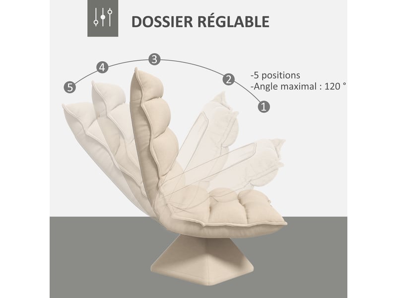  Fauteuil relax grand confort pivotant inclinaison réglable 5 niv. Épais garnissage mousse haute densité tissu velours microfibre beige 839-423V00BG - Conforama E