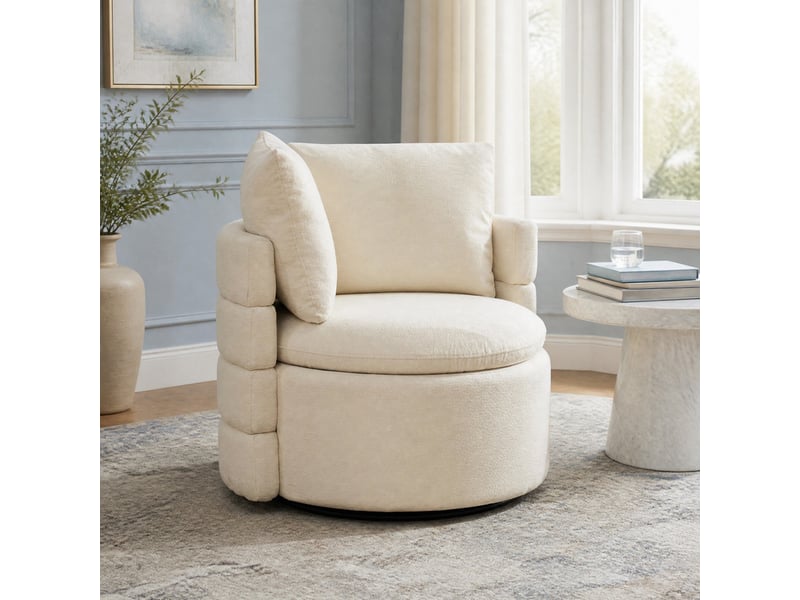 Fauteuil pivotant 360° avec rangement caché et dossier rembourré, pour coin lecture, en tissu chenille ivoire - Conforama B