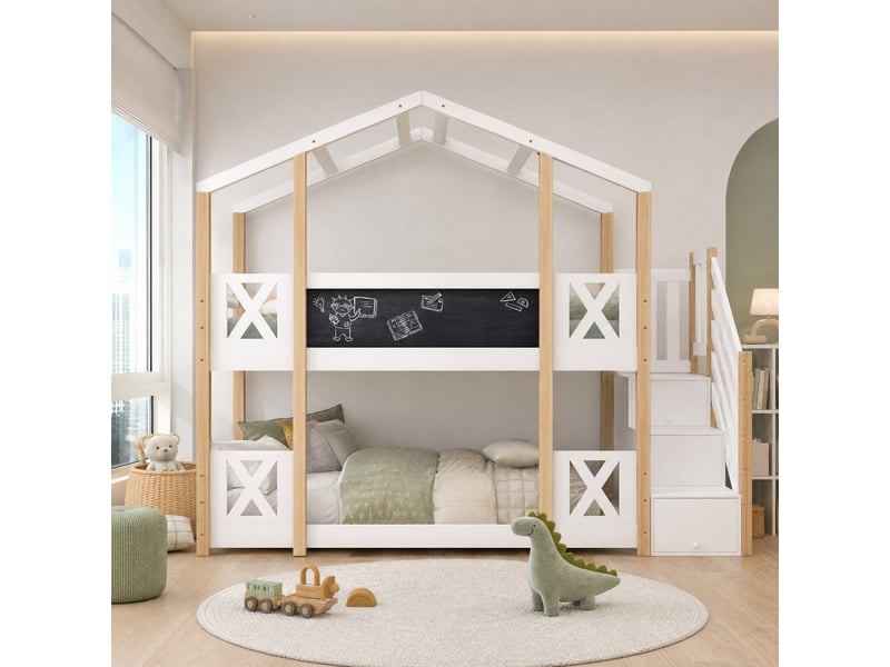  Lit superposé enfant cabane 90x200 cm avec escalier de rangement, blanc et naturel  - Conforama C