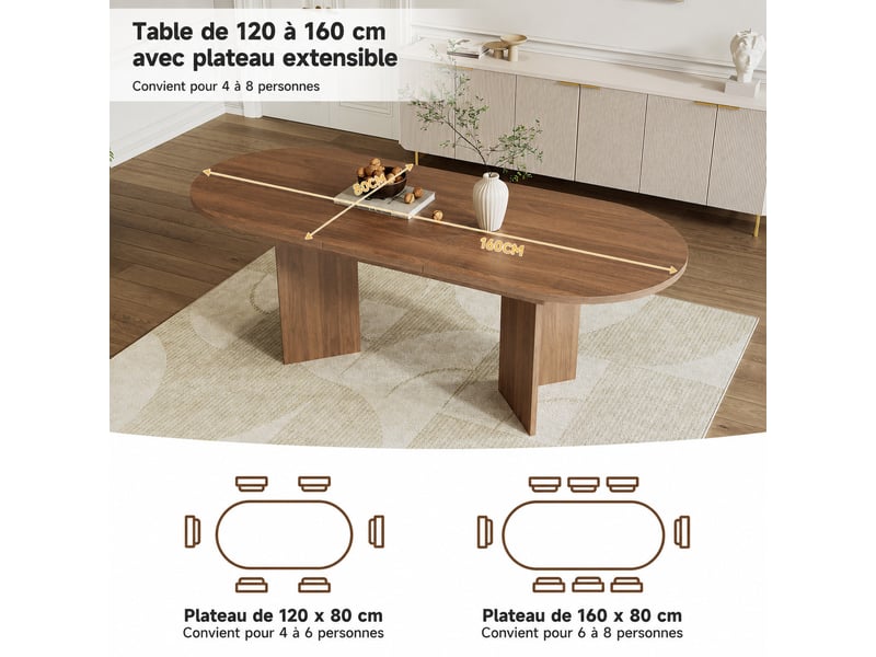 Table à manger extensible 120–160 x 80 x 75,5 cm, avec bords arrondis, plateau épais, pour 4 à 6 personnes, noyer - Conforama E