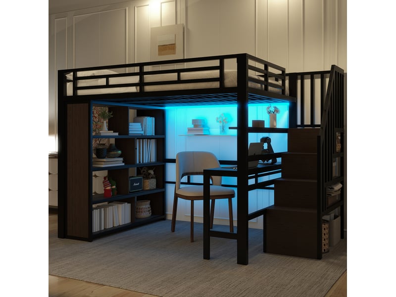  Lit mezzanine 140x200 cm avec bureau, rangements et led coloris noir  - Conforama B