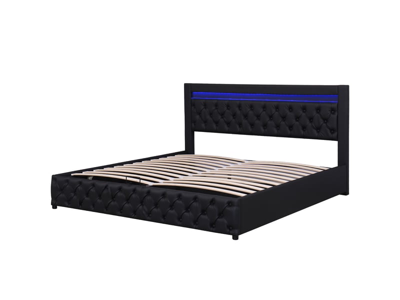 Lit coffre double 140x200 cm avec tissu en fond et rangement, led, sommier à lattes, moderne, pu noir, sans mateals  - Conforama D