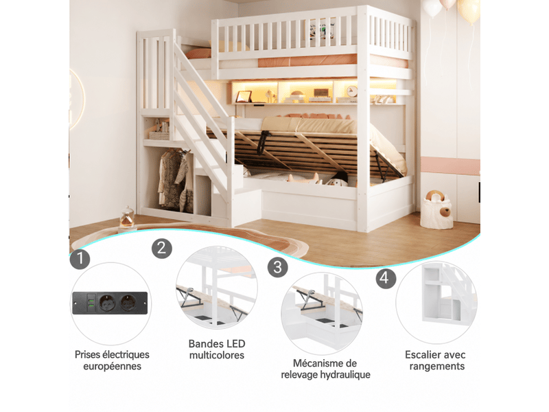 Lit mezzanine 90x200 cm, escalier avec rangement, étagère avec led et prises électriques, barrières, pin et mdf, blanc OMNIGLINT TRADING LTD - Conforama E