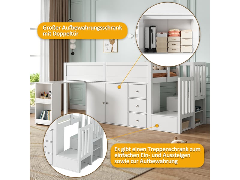 Lit mezzanine enfant avec bureau escamotable 90x200 cm blanc - armoire, tiroir et escalier de rangement - Conforama R