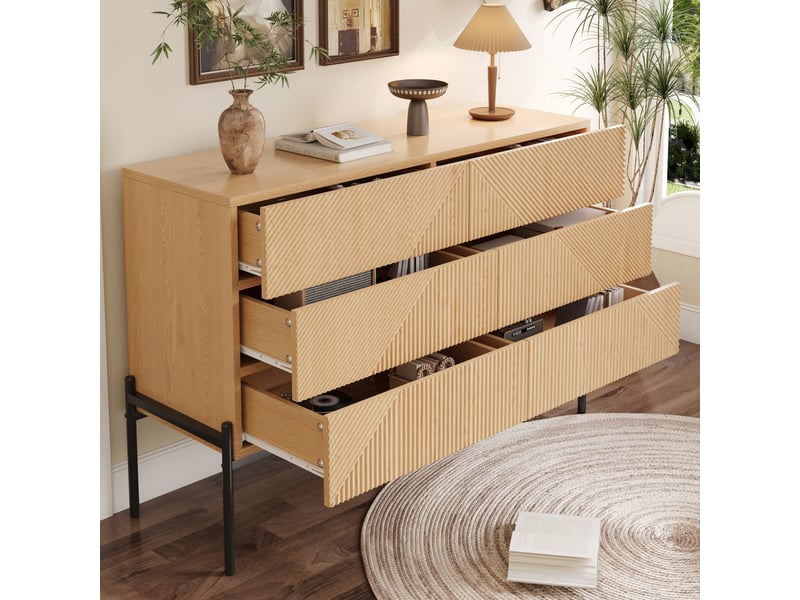  Buffet 140 cm avec 6 tiroirs, meuble de rangement en mdf, façade effet 3d géométrique, pieds métal noir, commode moderne pour salon et salle à manger - naturel  - Conforama E