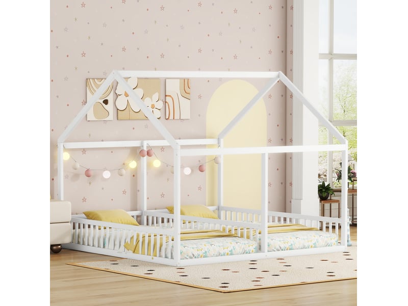  Modenvie lit enfant cabane double 90x200 cm - 2 couchages avec barrières - pour chambre d'enfant - blanc  - Conforama E