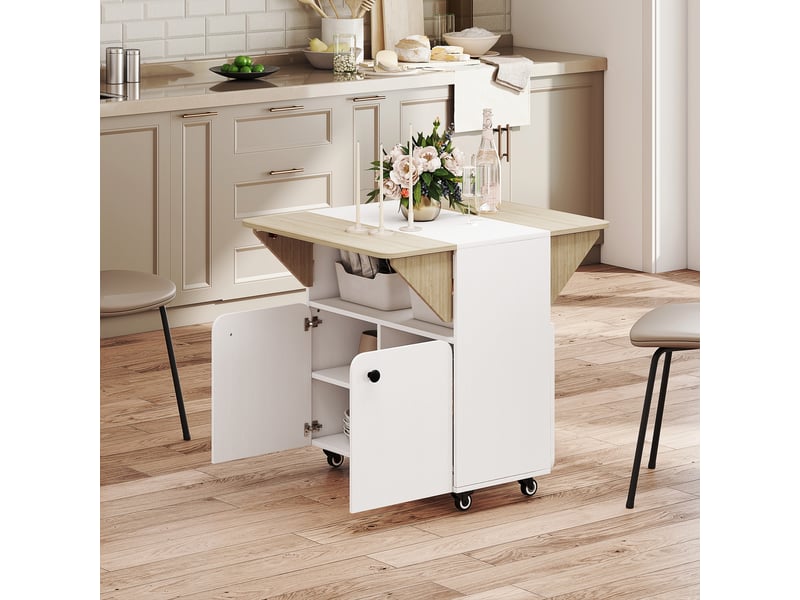  Table à manger pliante sur roulettes, table de cuisine 4 personnes, 2 abattants, étagère, placard, 70x83x75cm, blanc  - Conforama D