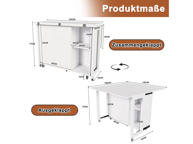  Table à manger pliable multifonction blanc, îlot de cuisine mobile avec rangement, roulettes 360°  - Conforama C