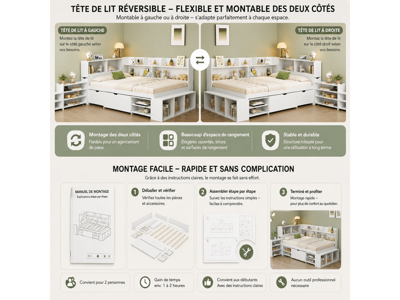  Lit double 140x200cm lit enfant adolescent adulte avec table de chevet caché étagères de rangement tiroir sommier à latte, blanc  - Conforama R