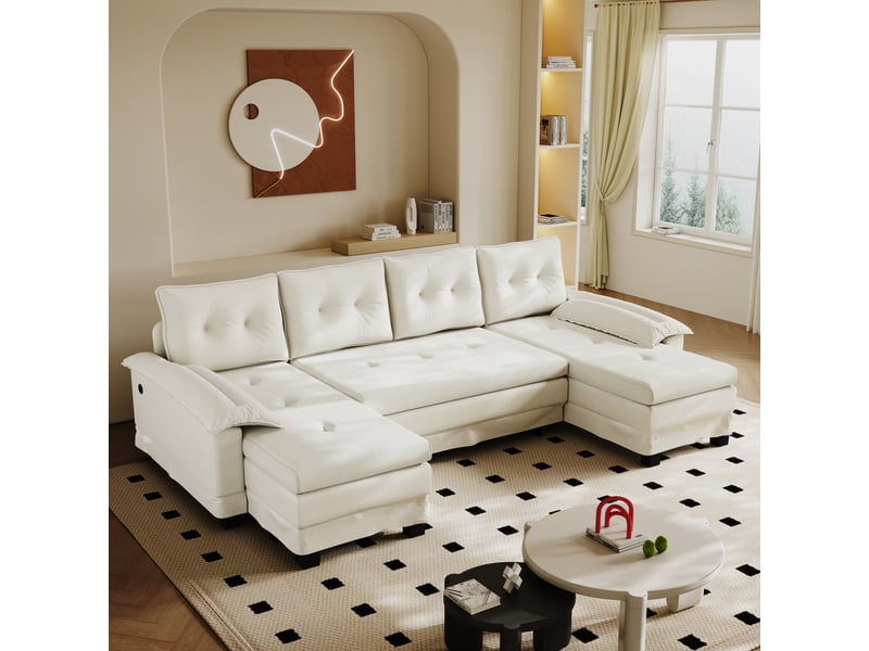  Canapé-lit d’angle u convertible crème, modulable, lit gigogne, coussins amovibles  - Conforama D