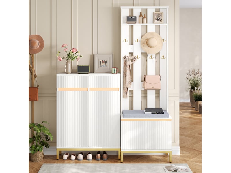 Ensemble de vestiaire d'entrée 80 x 35 x 103 cm blanc mdf et panneaux de particules, banc et rangement  - Conforama B