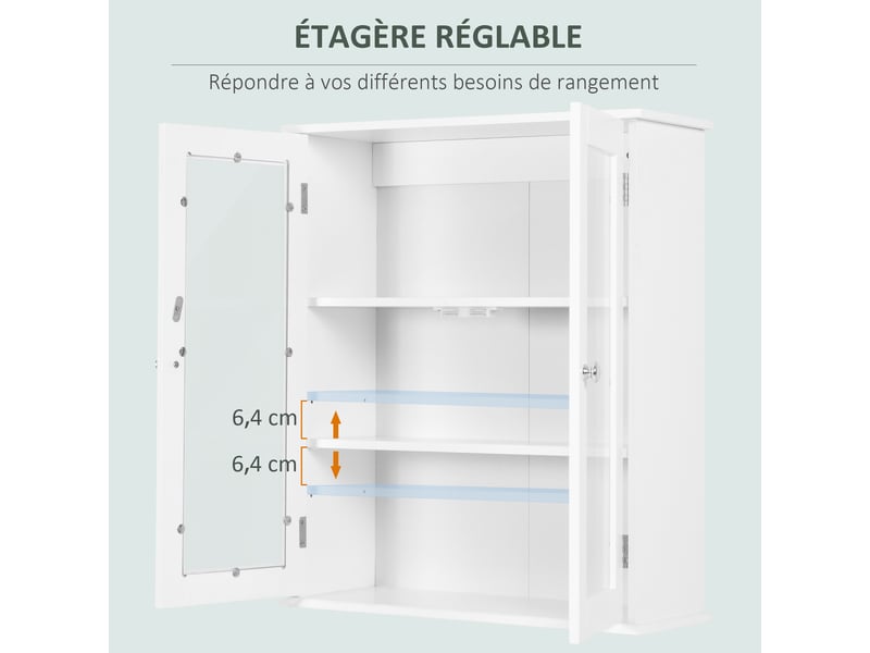  Armoire murale salle de bain blanche, deux portes en verre, étagère réglable, 55 x 20 x 65 cm  - Conforama W