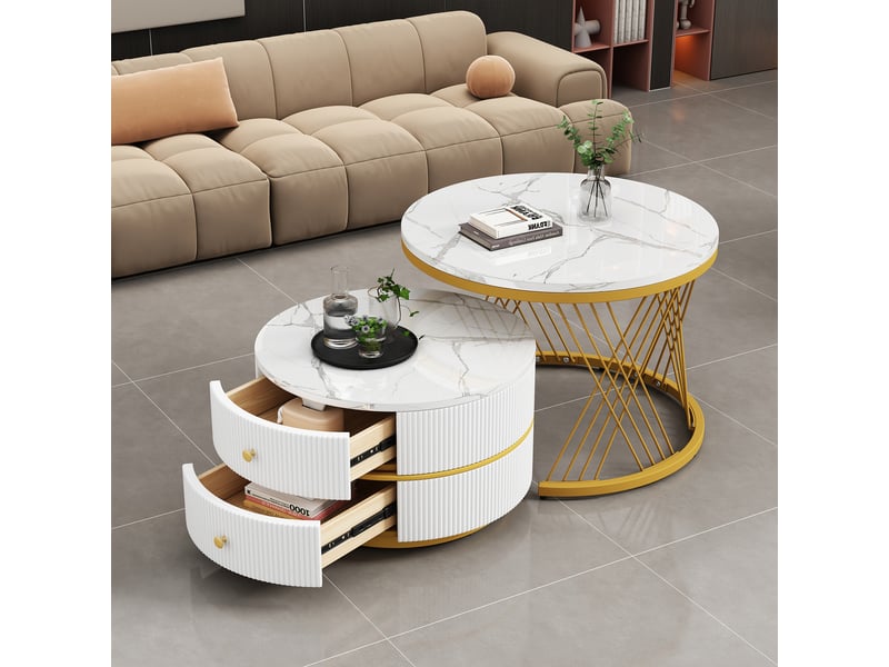  Table basse gigogne blanche lot de 2 tables basses rondes effet marbre avec 2 tiroirs  - Conforama D