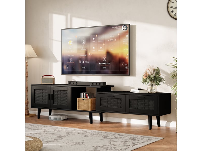 Meuble tv extensible - facade en rotinbois 115-169x30x44cm - grand rangement - style bohème & naturel - noir - Conforama B