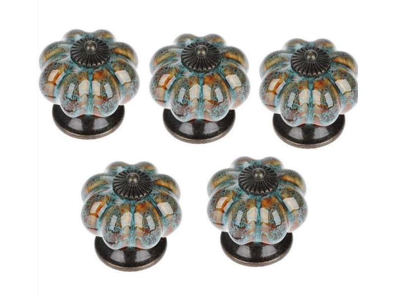 Lot de 5 poignées de tiroir en céramique de style européen, boutons de meuble en forme de citrouille vintage bleue avec vis  - Conforama A