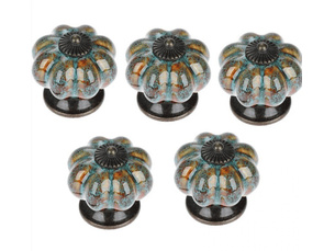 Lot de 5 poignées de tiroir en céramique de style européen, boutons de meuble en forme de citrouille vintage bleue avec vis