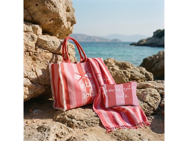  Ensemble de plage femme avec serviette, sac shopper et pochette mariel - rouge  - Conforama B