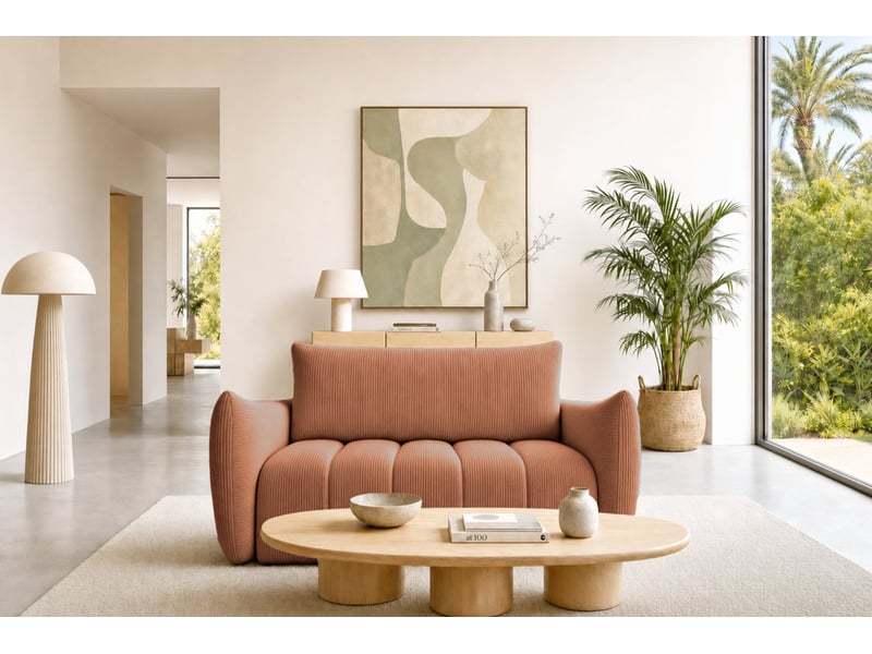  Moorea - canapé droit convertible petit velours côtelé 2 places terracotta  - Conforama D