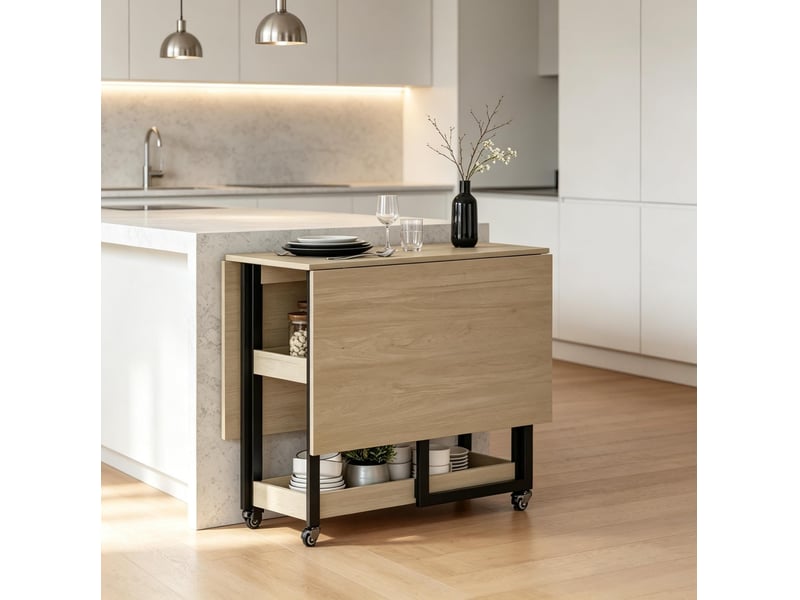  Table de repas pliante 133,4 x 80 cm – chêne – 2 abattants, niches ouvertes et roulettes freinées  - Conforama D